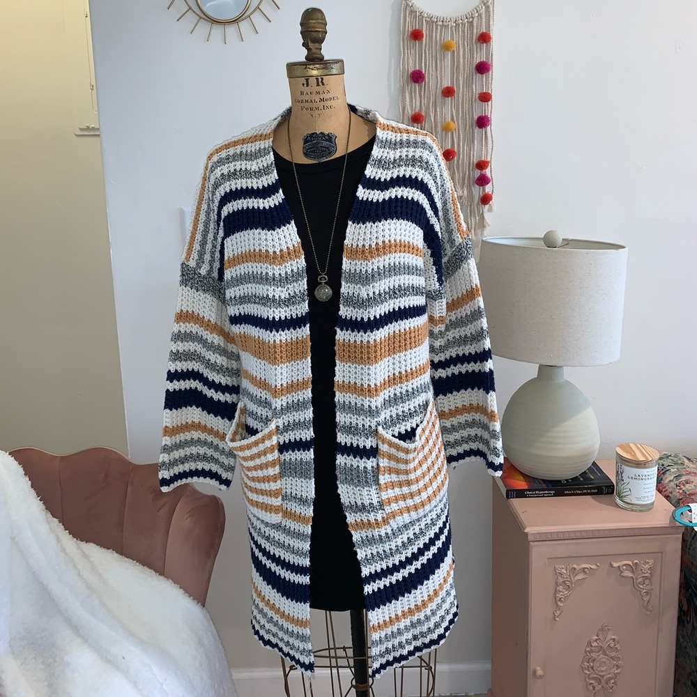 COZY CROCHET STRIPPED DROP SHOULDER CARDIGAN